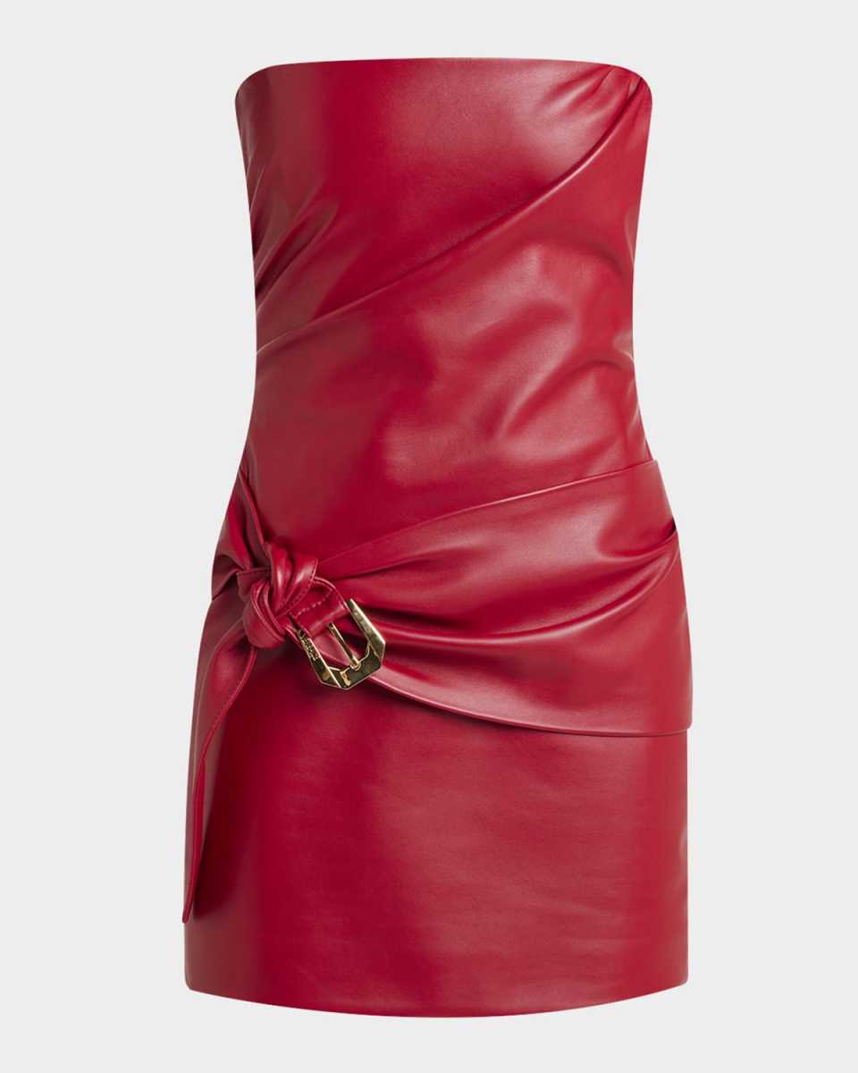 Strapless Buckle-Waist Lamb Leather Mini Dress